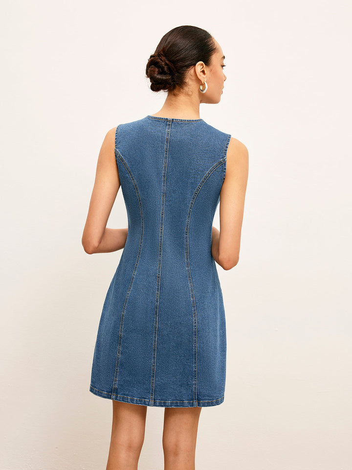 Kolsuz Düğmeli A Kesim Denim Elbise – Mavi