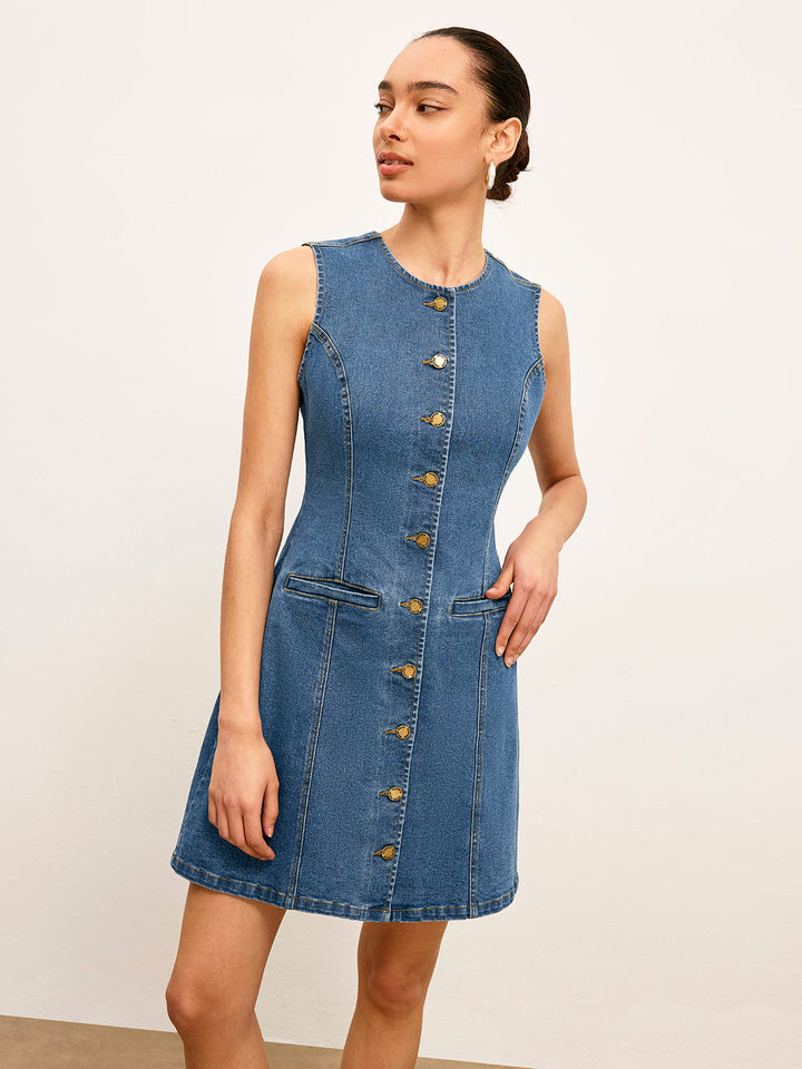 Kolsuz Düğmeli A Kesim Denim Elbise – Mavi