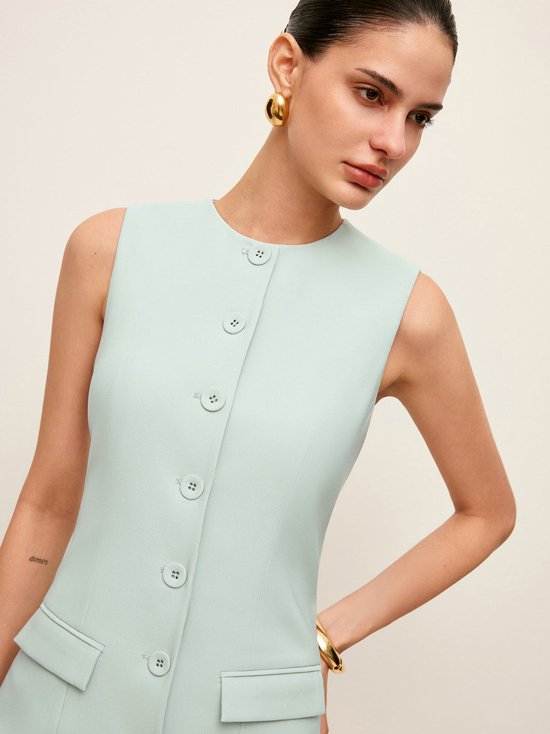 Düğmeli Kolsuz Mini Elbise – Mint