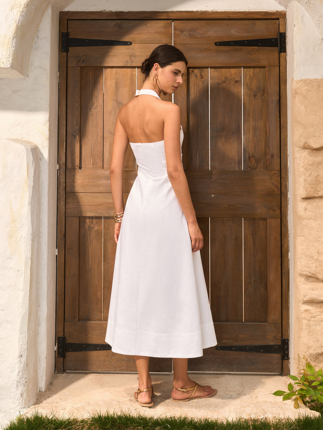 Kemer Detaylı Halter Yaka Midi Elbise – Beyaz