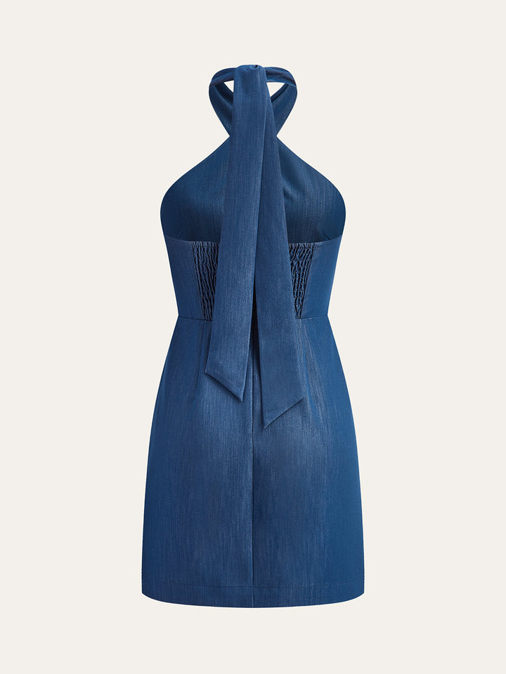 Halter Yaka Fit Kesim Mini Elbise – Lacivert