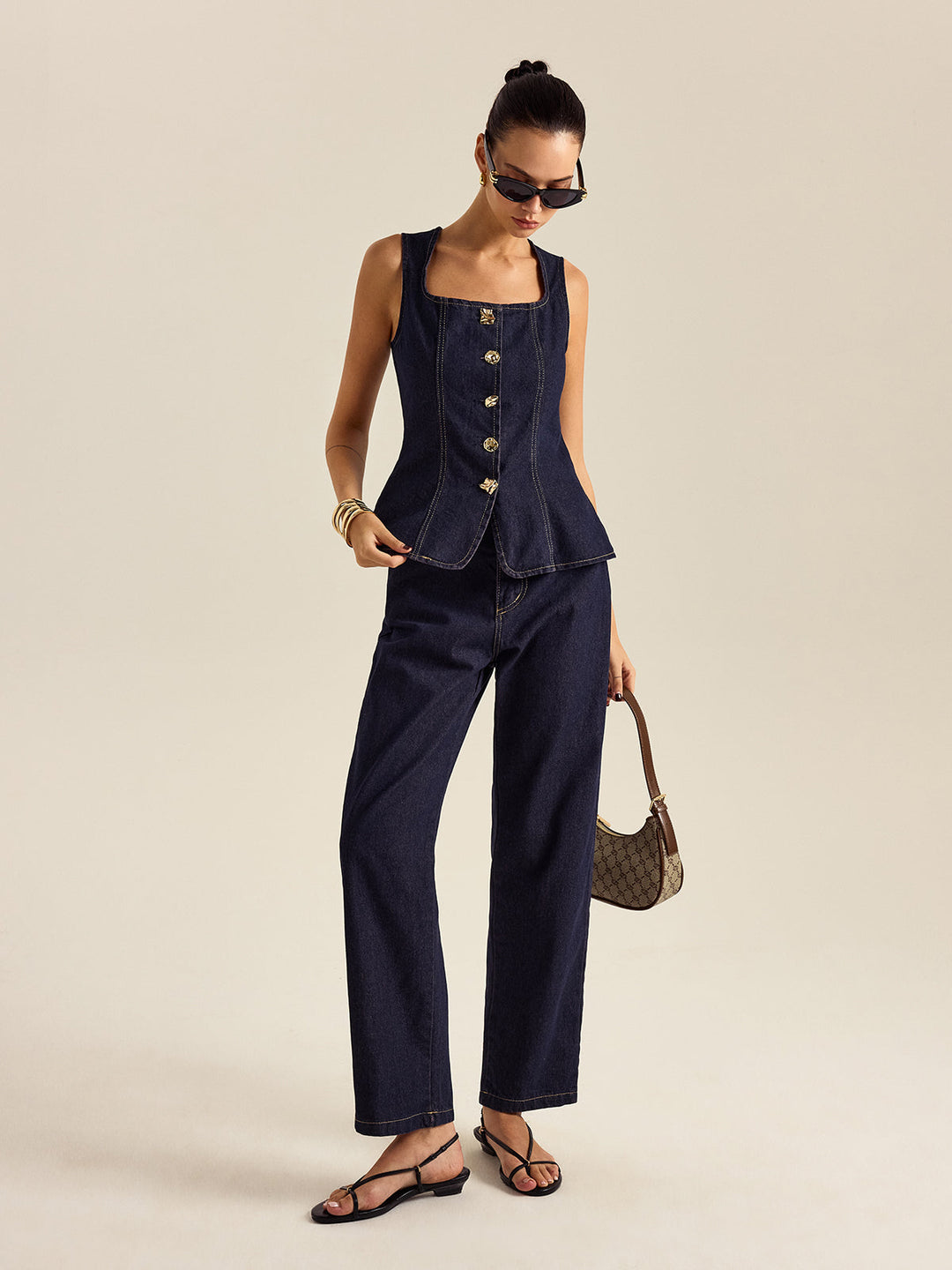 Kemer Detaylı Düğmeli Denim Bluz – Koyu Mavi
