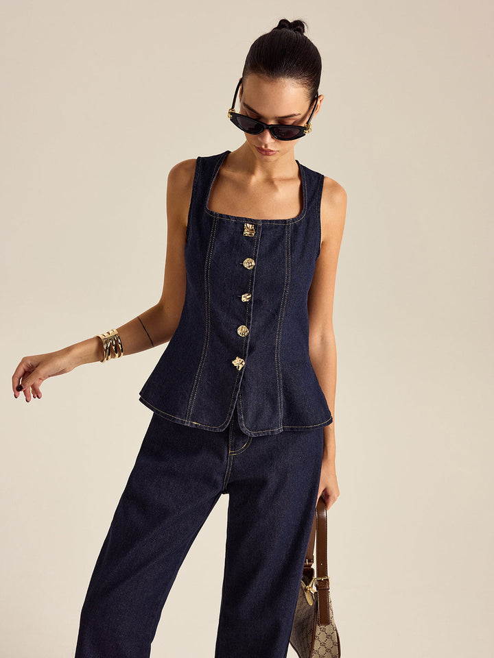 Kemer Detaylı Düğmeli Denim Bluz – Koyu Mavi