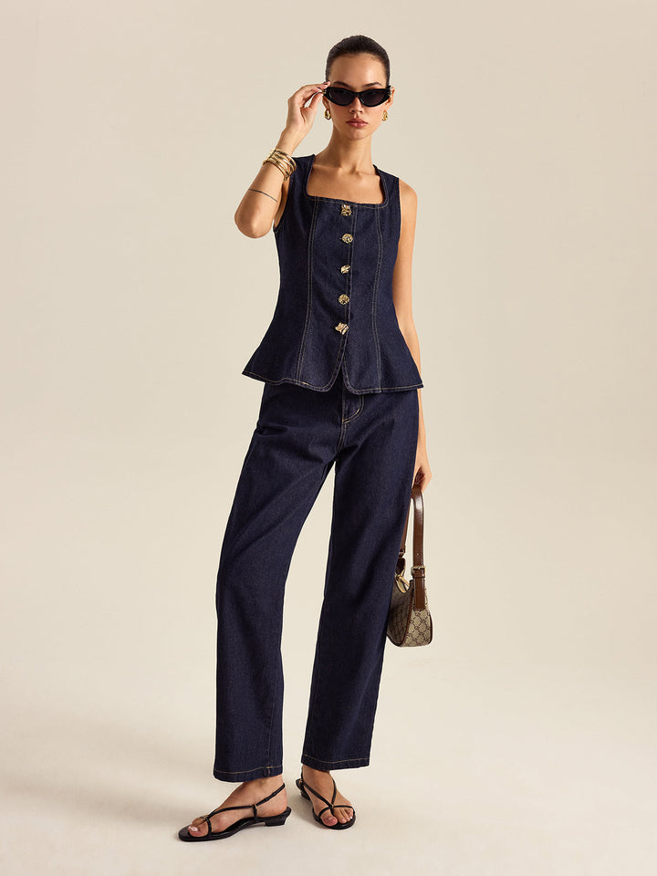 Kemer Detaylı Düğmeli Denim Bluz – Koyu Mavi