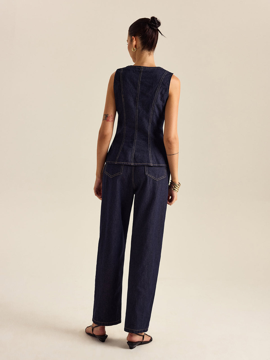 Kemer Detaylı Düğmeli Denim Bluz – Koyu Mavi