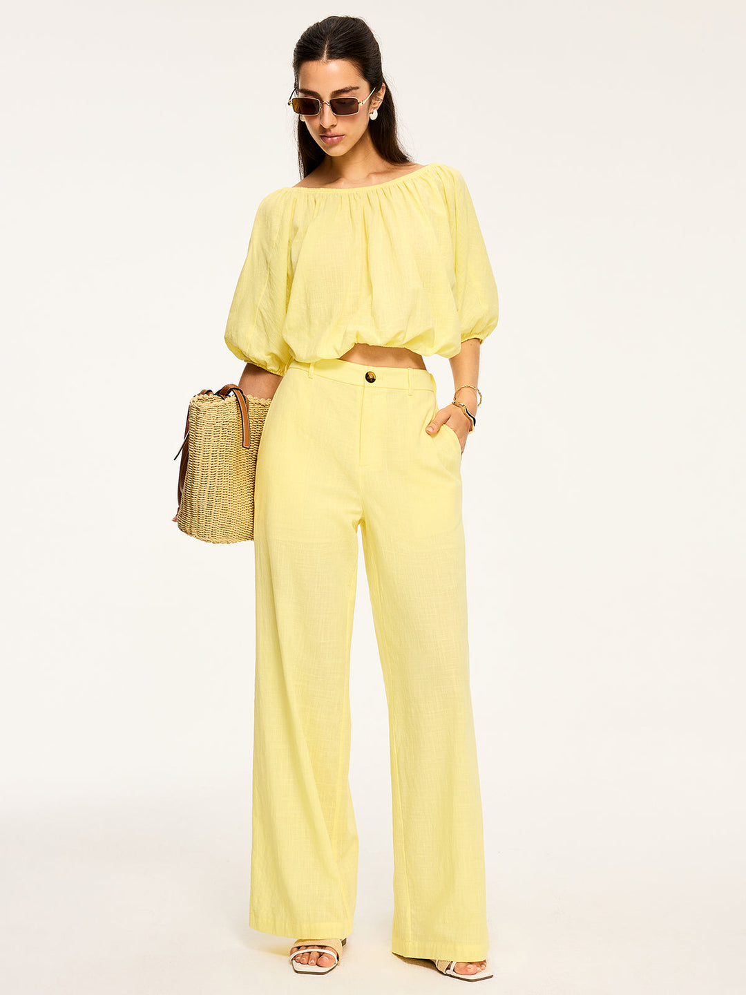 Balon Kol Bağlamalı Crop Bluz – Sarı