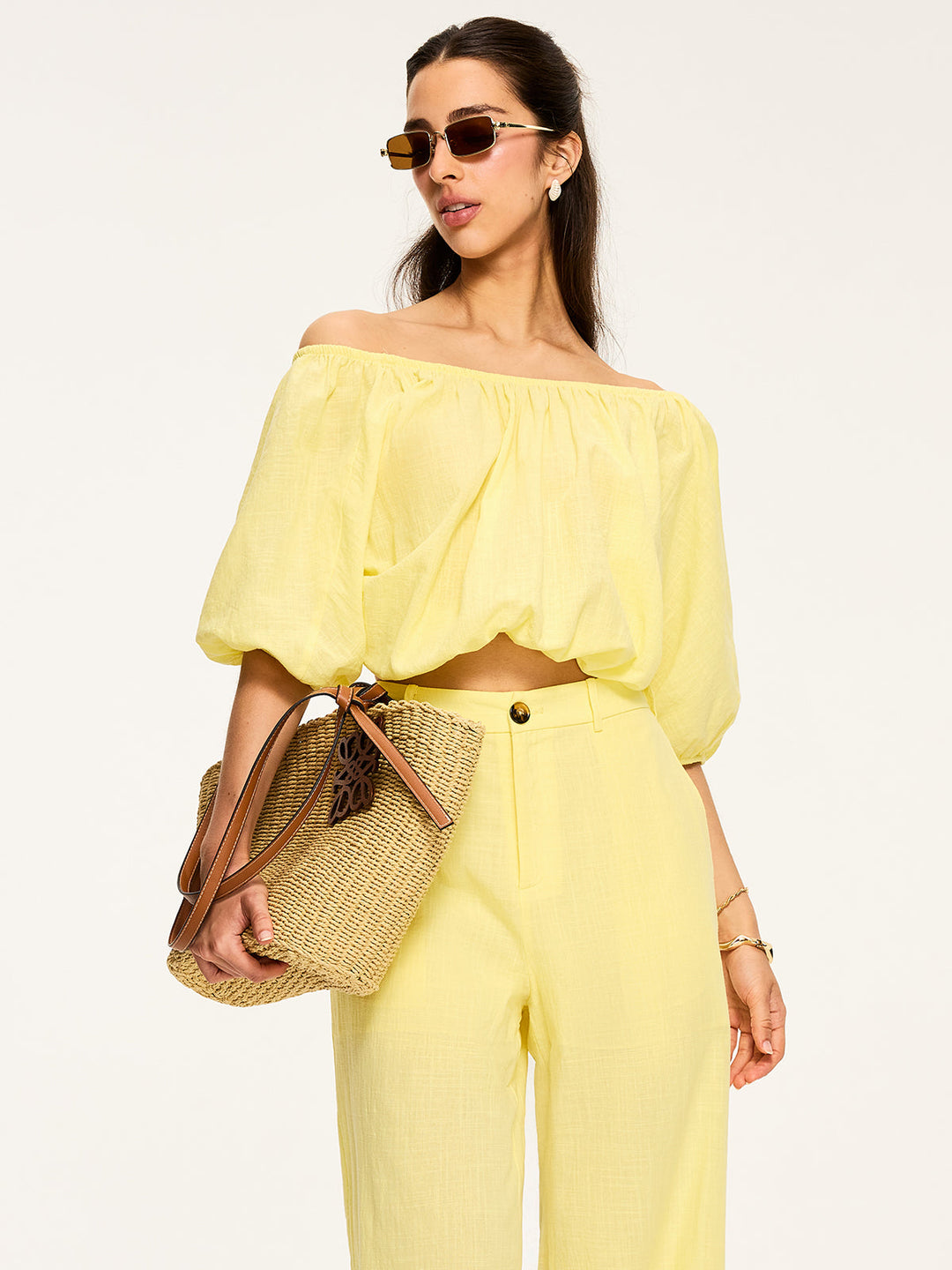 Balon Kol Bağlamalı Crop Bluz – Sarı