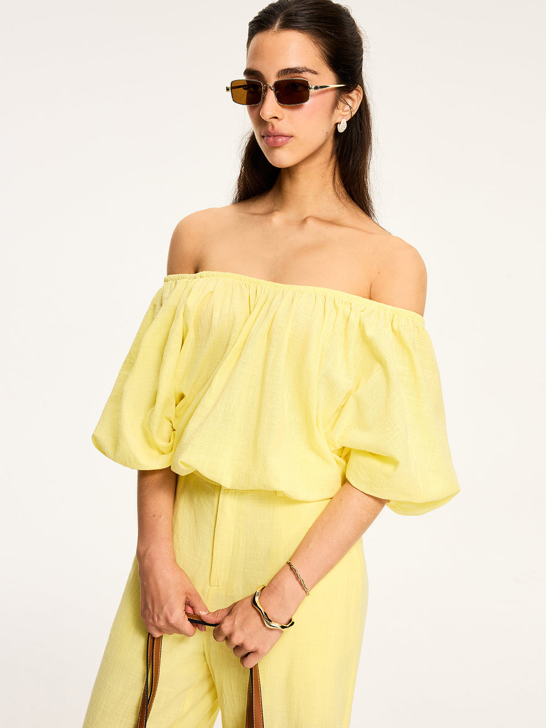 Balon Kol Bağlamalı Crop Bluz – Sarı