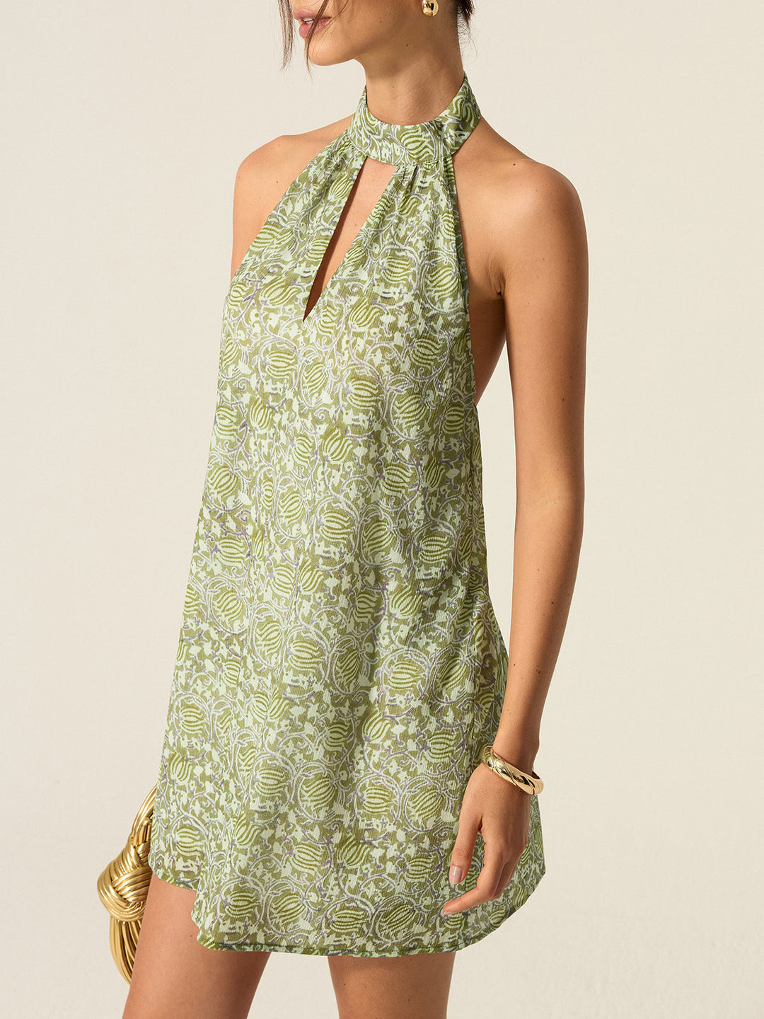 Halter Yaka Mini A Kesim Desenli Elbise – Yeşil
