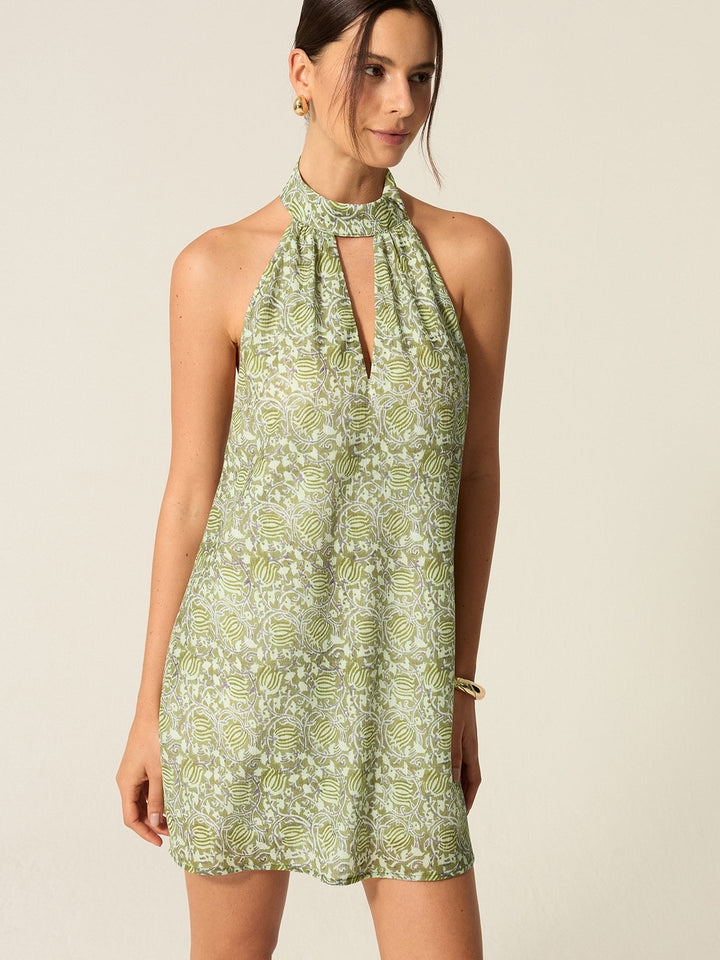 Halter Yaka Mini A Kesim Desenli Elbise – Yeşil