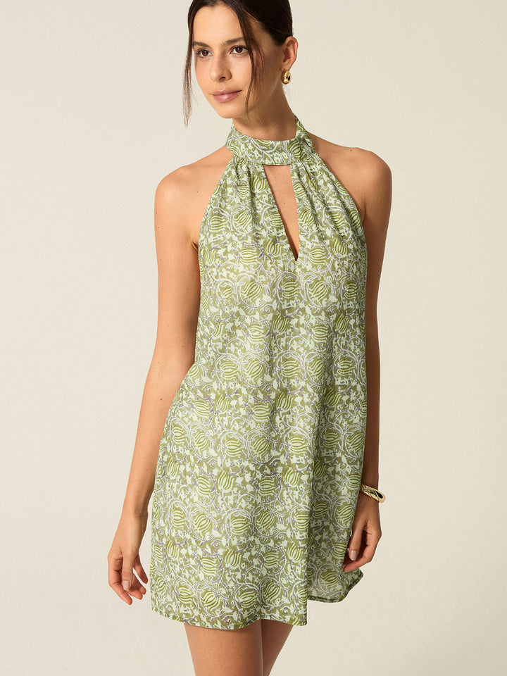 Halter Yaka Mini A Kesim Desenli Elbise – Yeşil