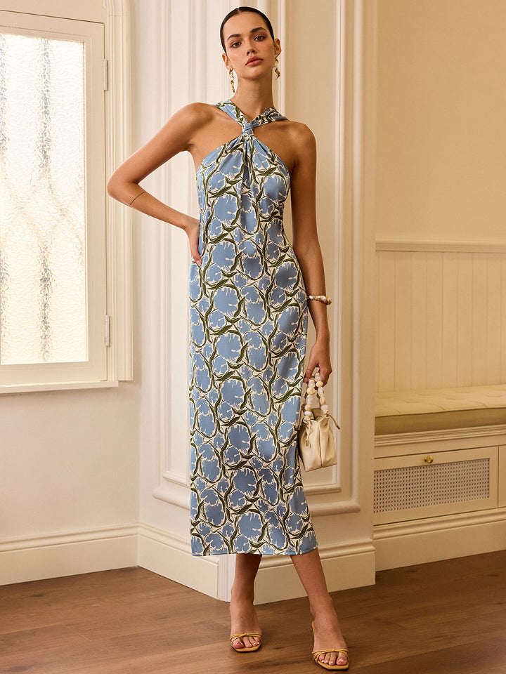 Halter Yaka Floral Midi Elbise – Mavi