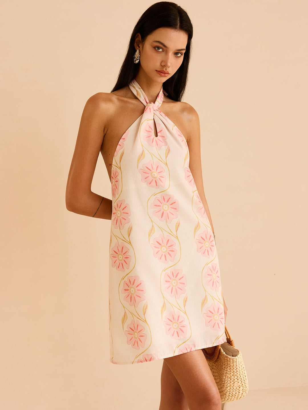 Halter Yaka Çiçek Desenli Mini Elbise – Ekru