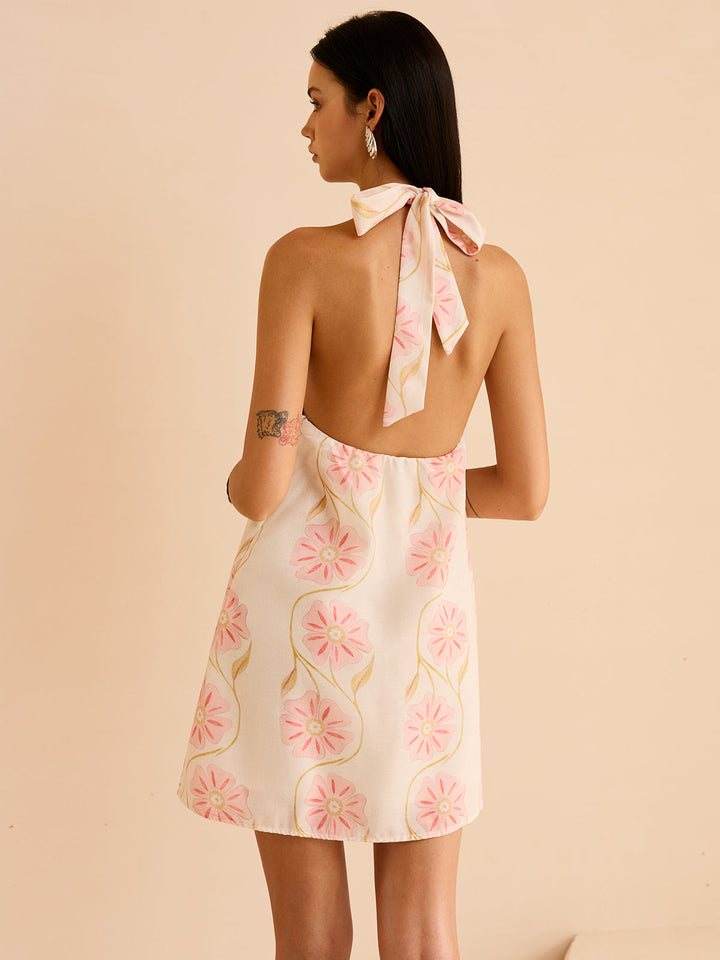 Halter Yaka Çiçek Desenli Mini Elbise – Ekru