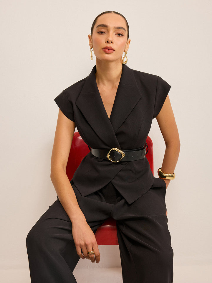 Kemer Detaylı Kısa Kollu Kadın Blazer – Siyah