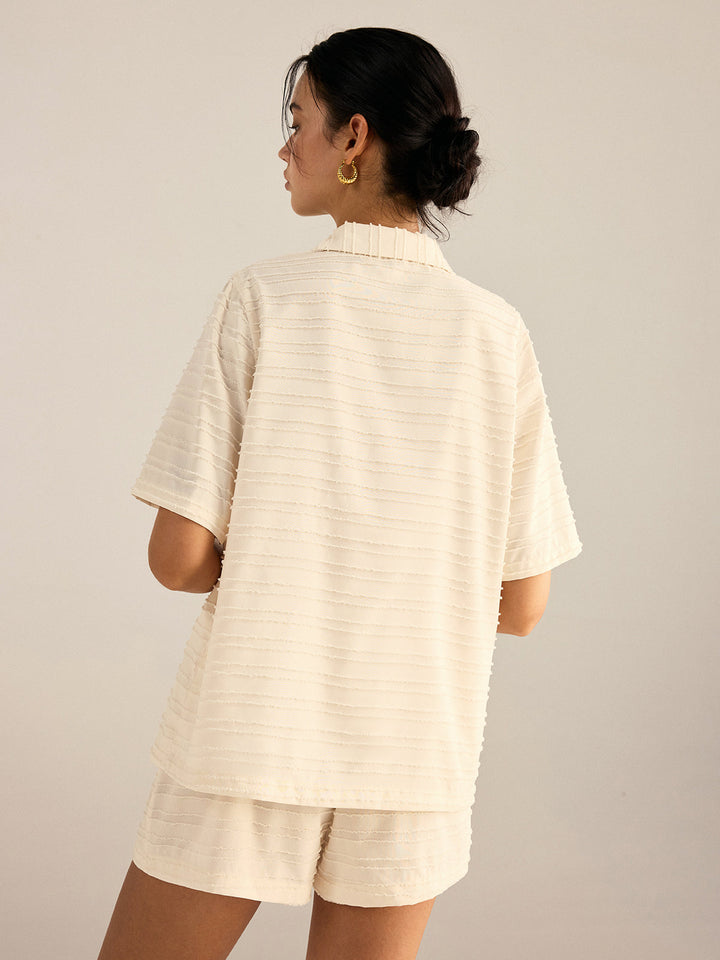 Oversize Dokulu Keten Ceket ve Şort Takım – Ekru