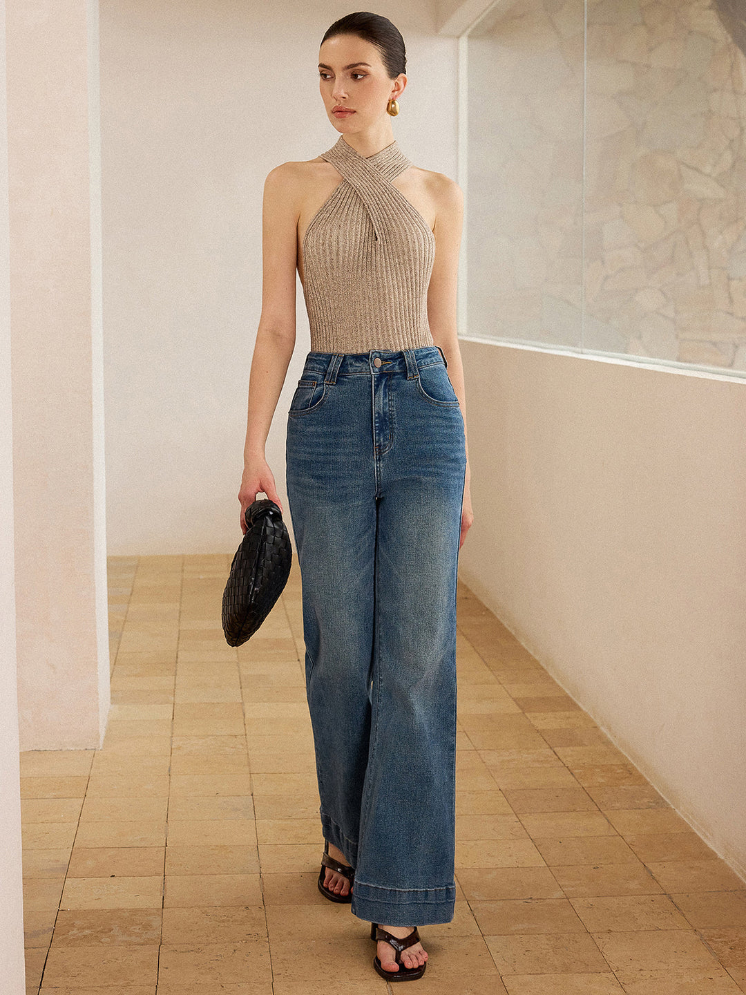 Askılı Fitilli Örme Halter Yaka Triko Bluz – Bej