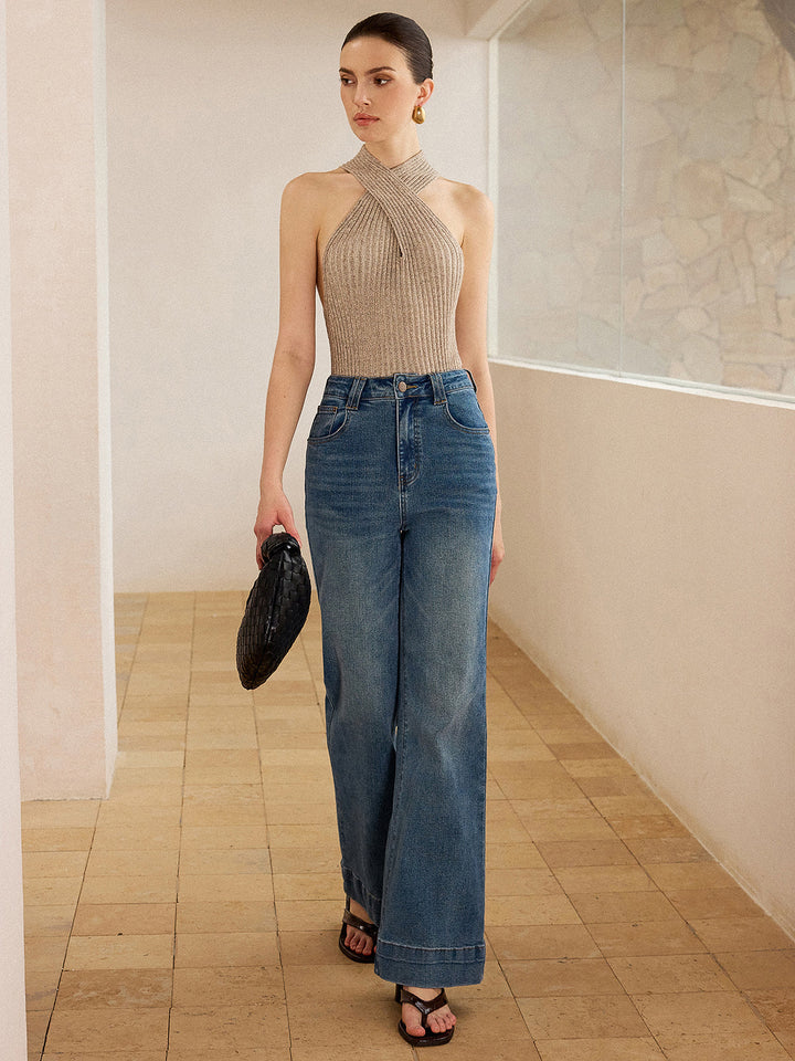 Askılı Fitilli Örme Halter Yaka Triko Bluz – Bej