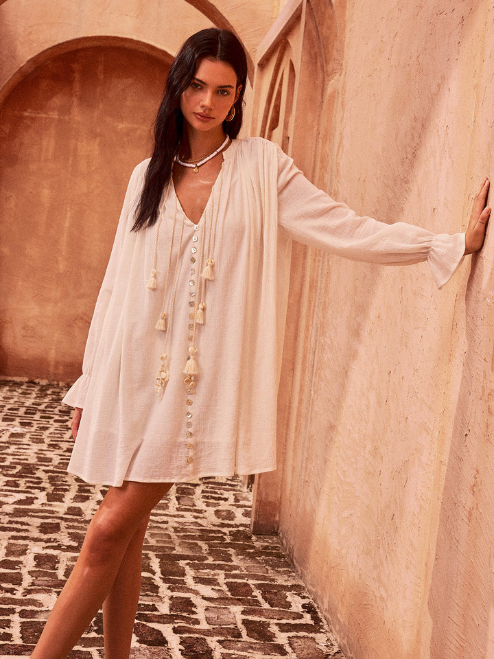 Oversize Düğmeli Püsküllü Rahat Mini Elbise – Ekru