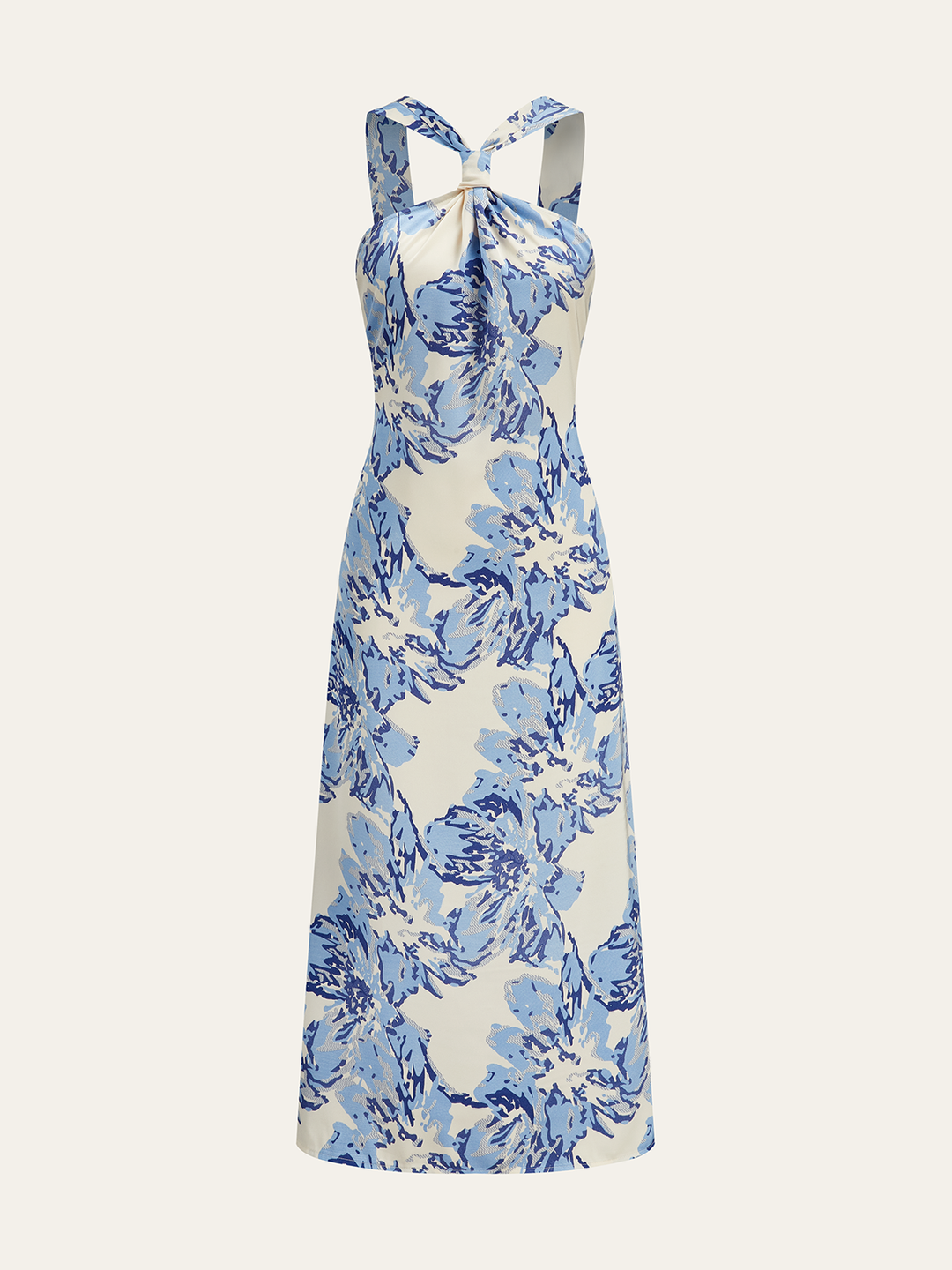Halter Yaka Floral Midi Elbise – Mavi