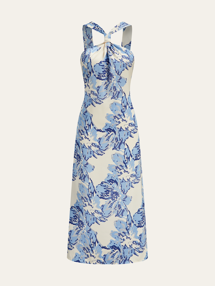 Halter Yaka Floral Midi Elbise – Mavi
