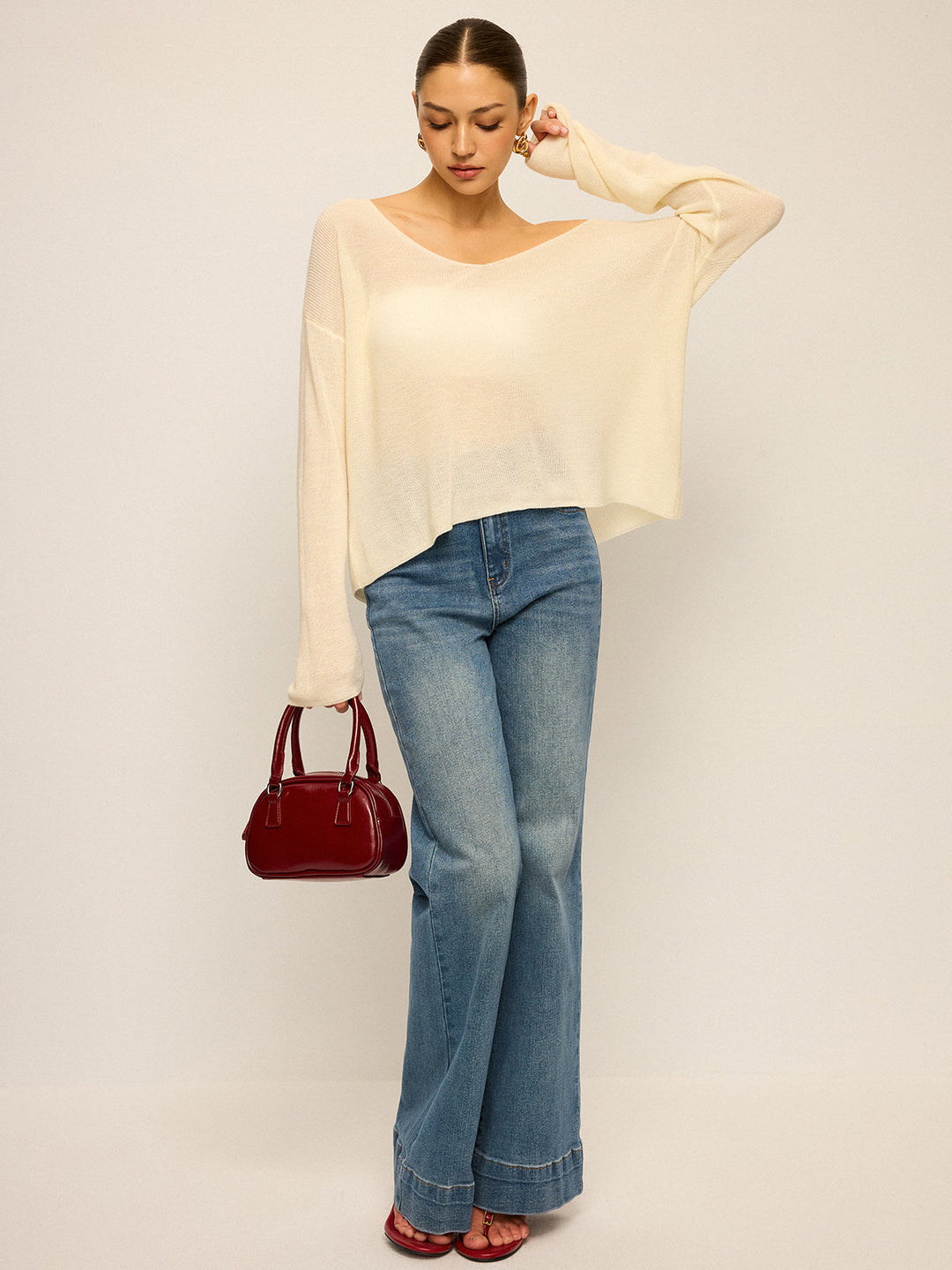 Oversize Kesim V Yaka Triko Kazak – Ekru