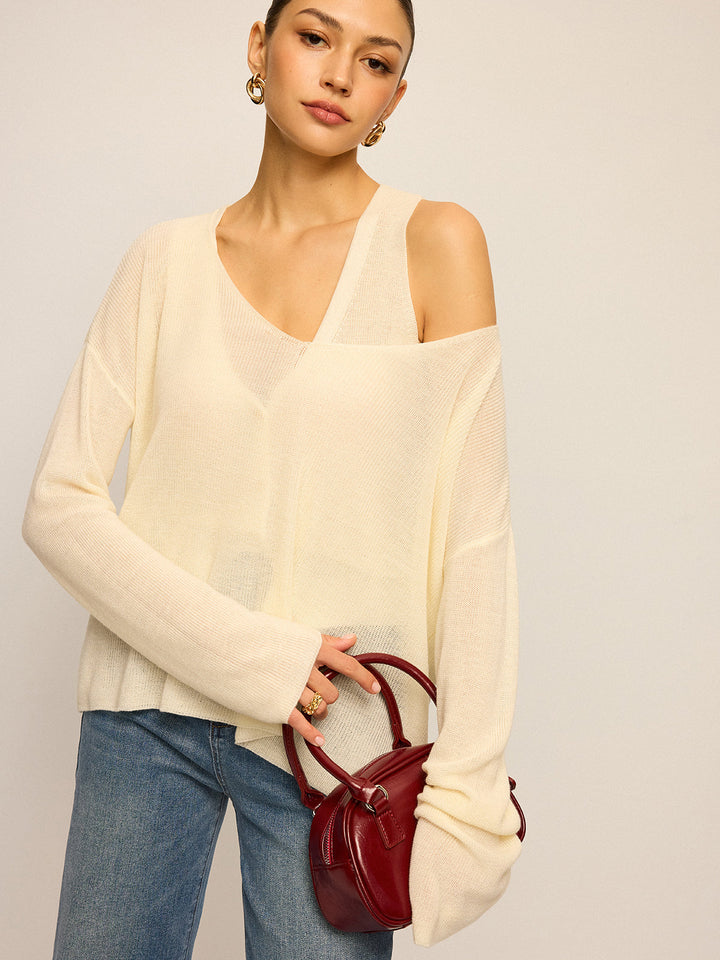 Oversize Kesim V Yaka Triko Kazak – Ekru