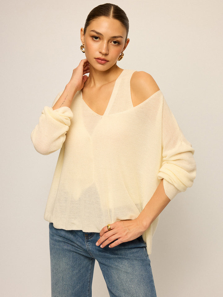 Oversize Kesim V Yaka Triko Kazak – Ekru