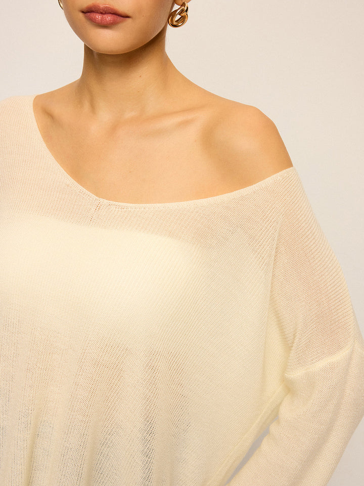 Oversize Kesim V Yaka Triko Kazak – Ekru