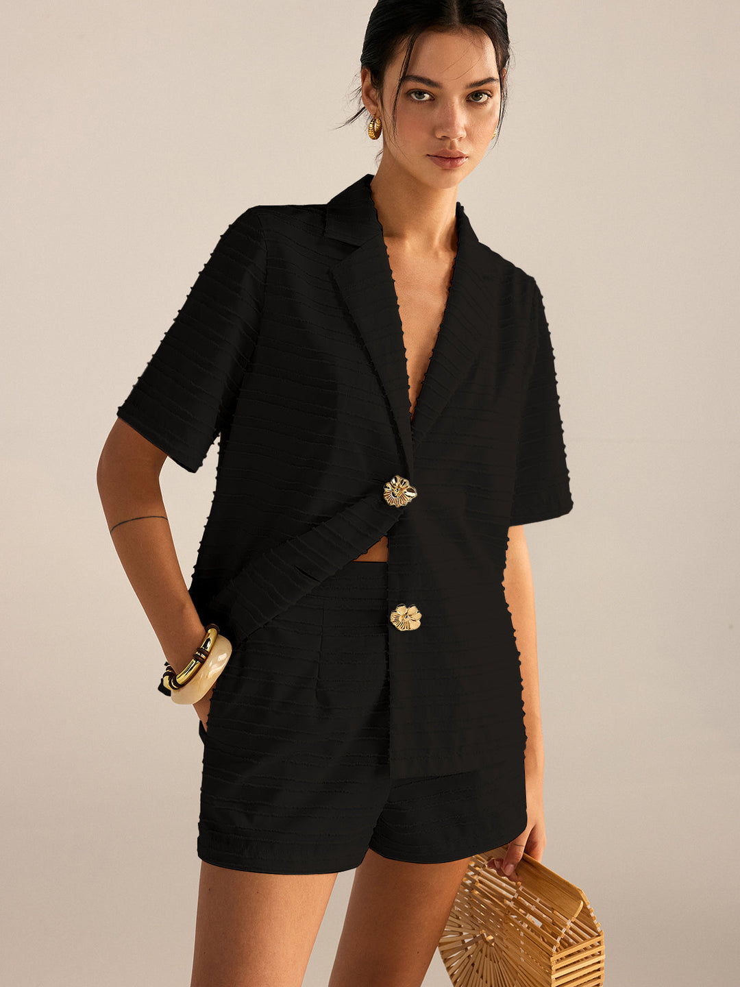 Oversize Dokulu Keten Ceket ve Şort Takım – Ekru