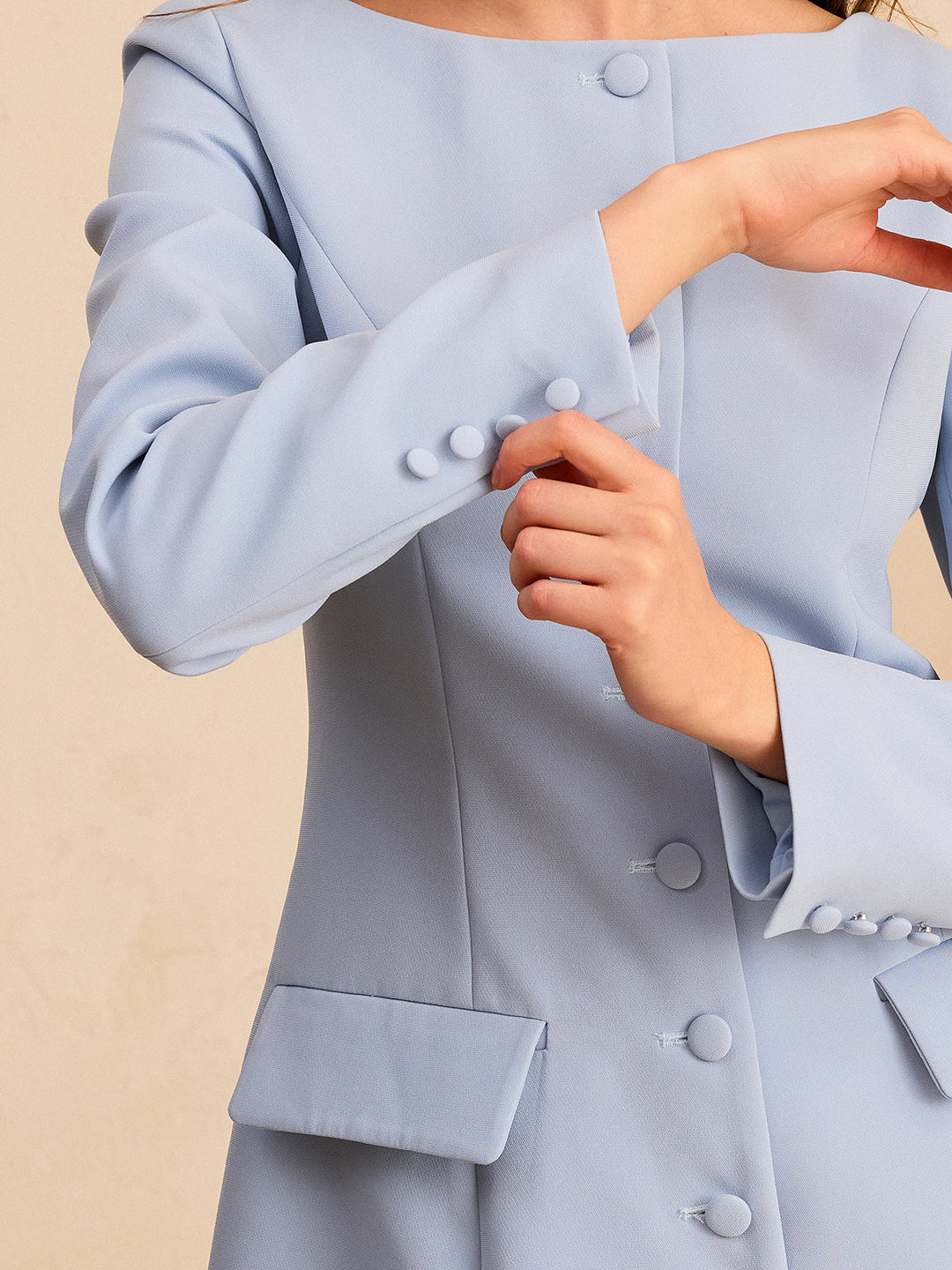 İnce Düğme Detaylı Mini Kloş Elbise – Bebe Mavisi