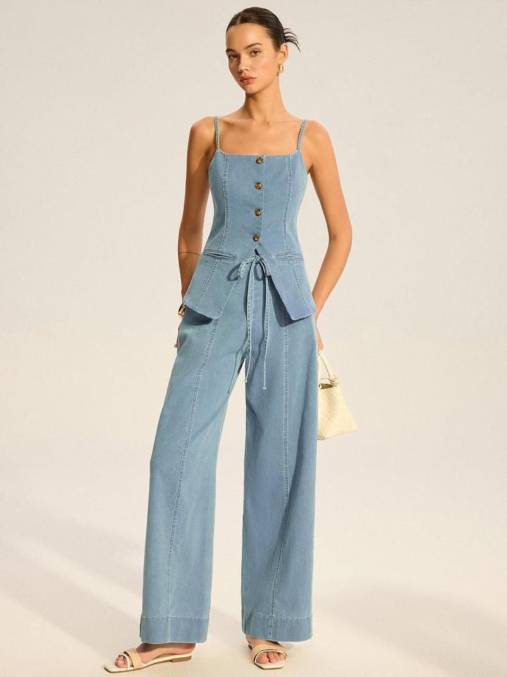 İnce Askılı Düğmeli Cep Detaylı Denim Tulum – Mavi