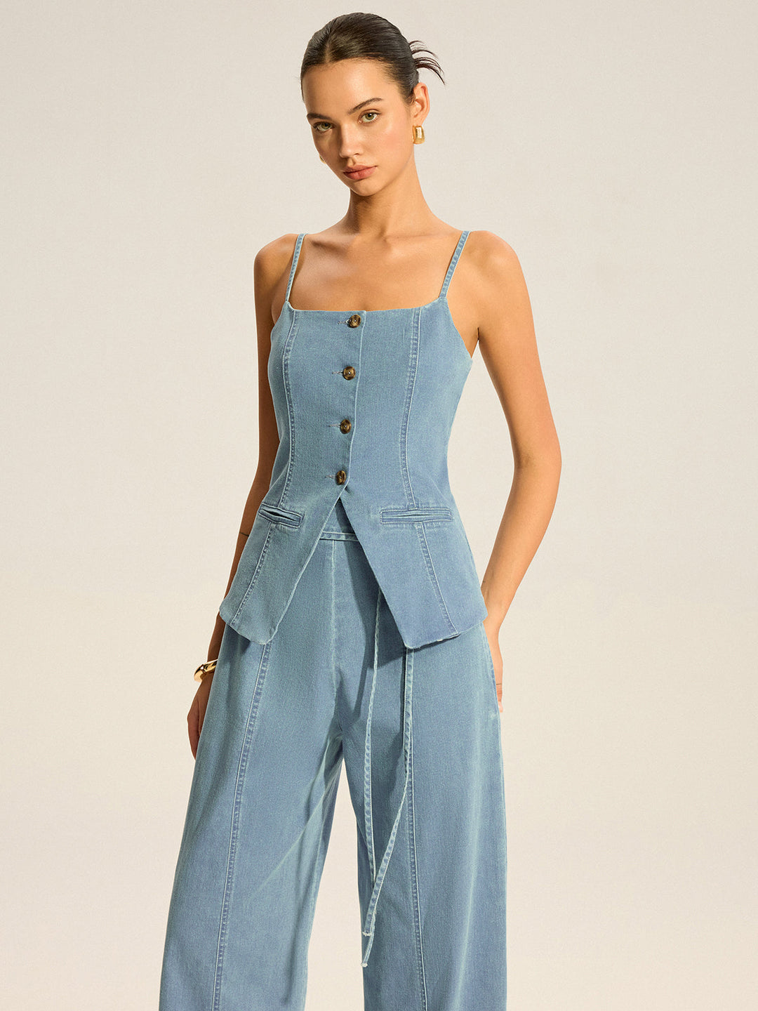 İnce Askılı Düğmeli Cep Detaylı Denim Tulum – Mavi