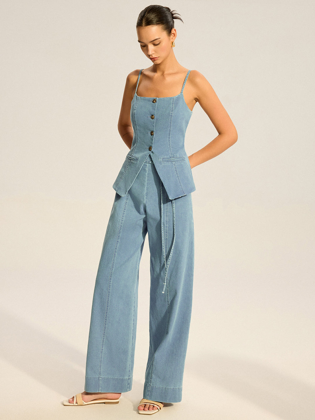 İnce Askılı Düğmeli Cep Detaylı Denim Tulum – Mavi