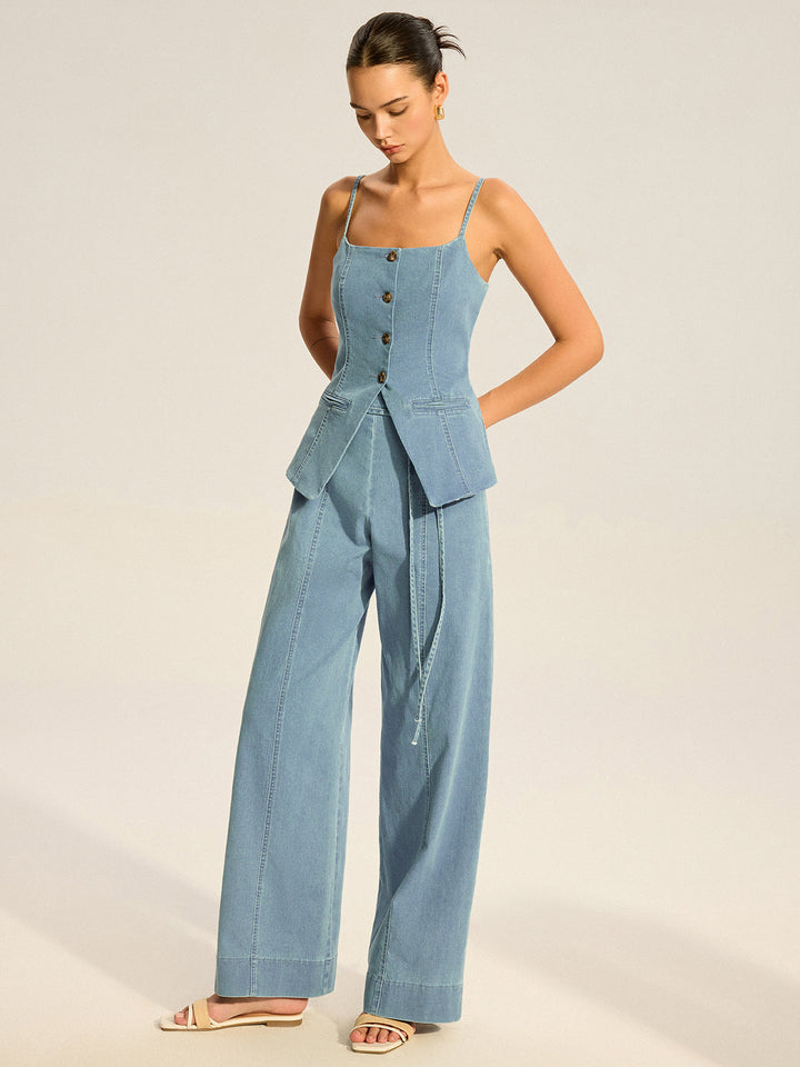 İnce Askılı Düğmeli Cep Detaylı Denim Tulum – Mavi