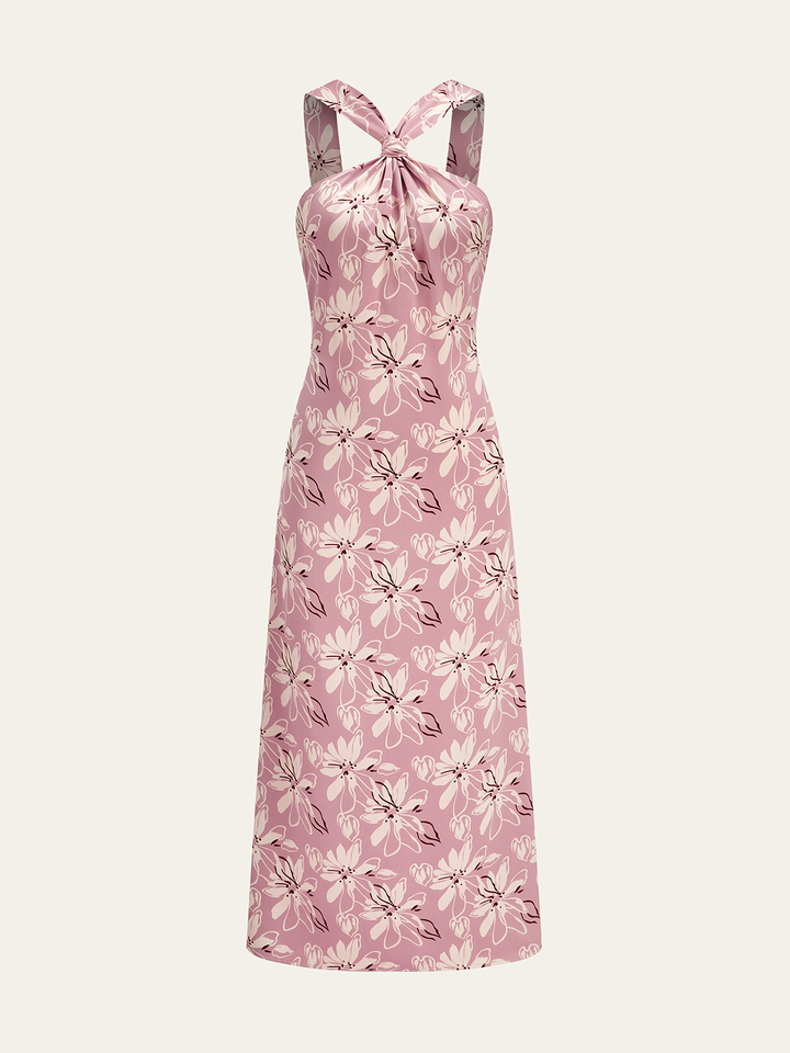 Halter Yaka Floral Midi Elbise – Mavi