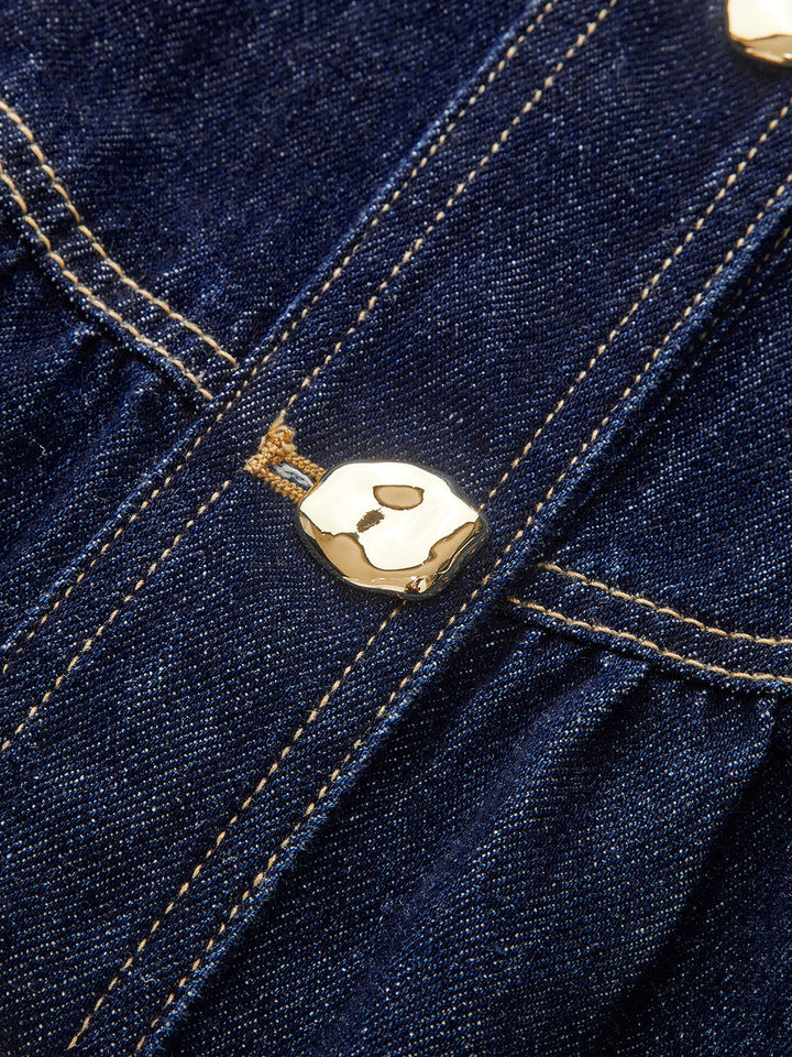 Düğmeli Kuşaklı Ceket Yaka Kloş Denim Elbise – Koyu Mavi