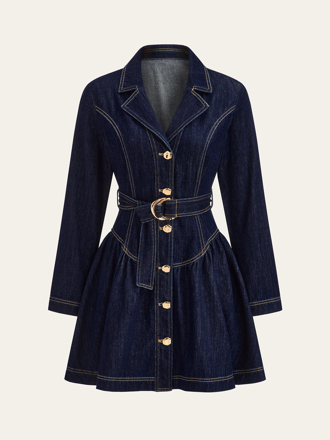 Düğmeli Kuşaklı Ceket Yaka Kloş Denim Elbise – Koyu Mavi