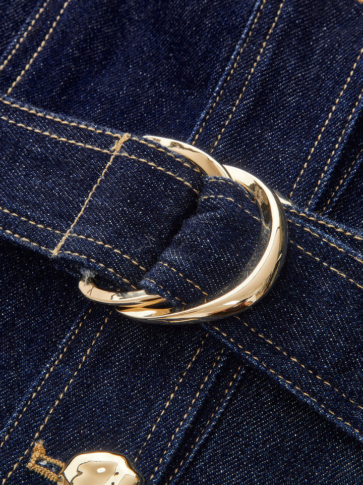Düğmeli Kuşaklı Ceket Yaka Kloş Denim Elbise – Koyu Mavi