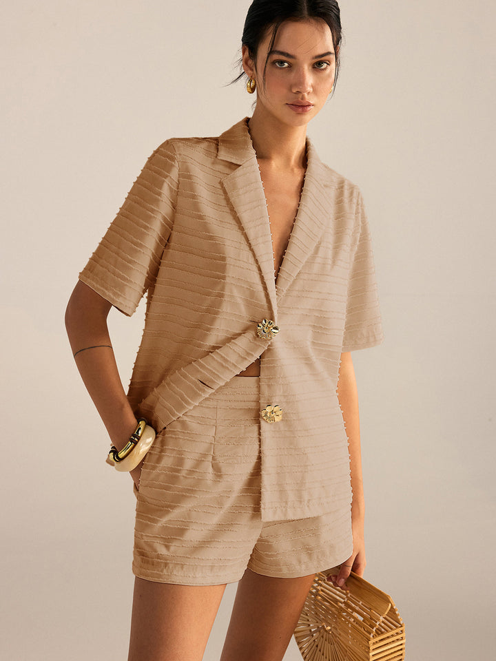 Oversize Dokulu Keten Ceket ve Şort Takım – Ekru