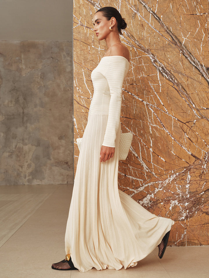 Uzun Kol Off Shoulder Fitilli Triko Elbise – Ekru