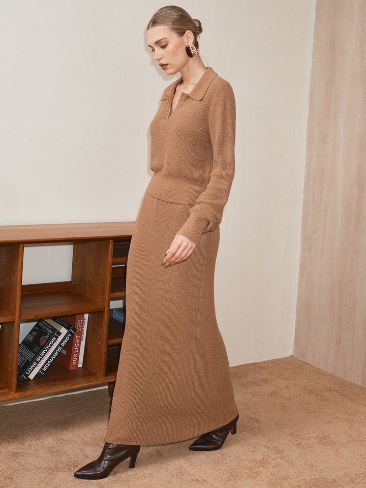 Düğmeli Polo Yaka Triko Kazak – Camel