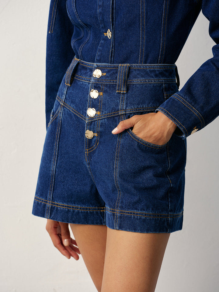 Yüksek Bel Dört Düğmeli Denim Şort – Koyu Mavi