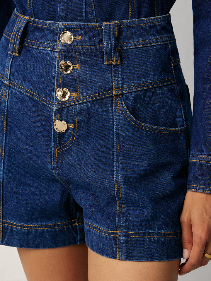 Yüksek Bel Dört Düğmeli Denim Şort – Koyu Mavi