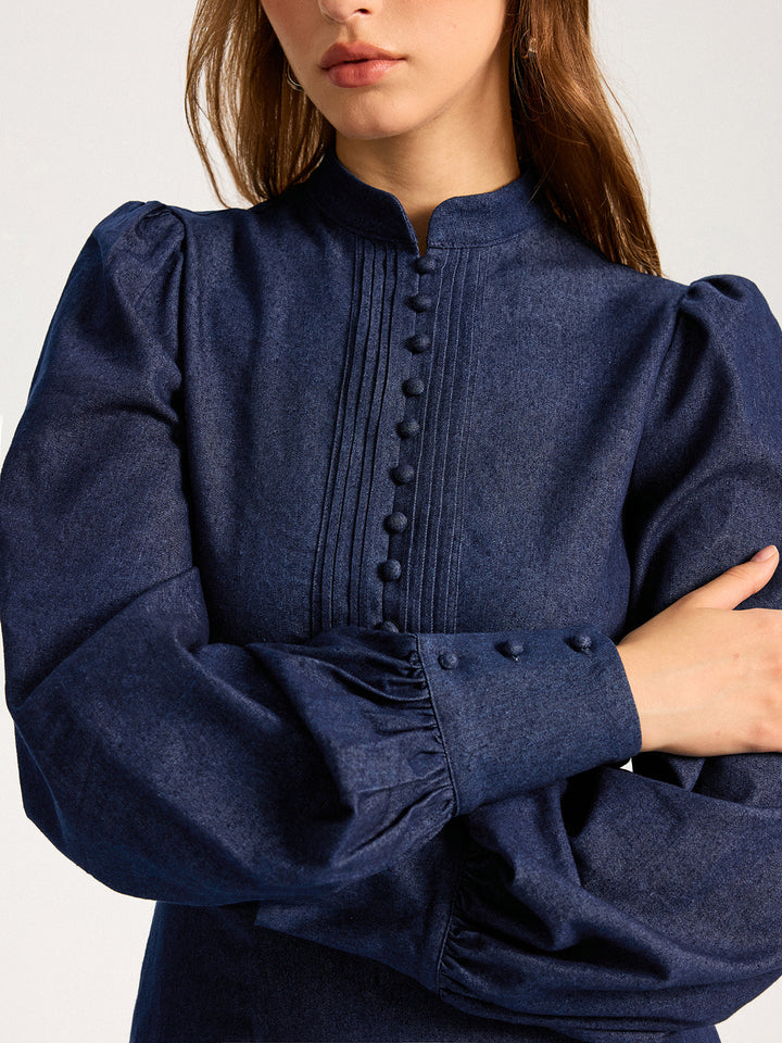Balon Kollu Düğme Detaylı Mini Denim Elbise – Lacivert