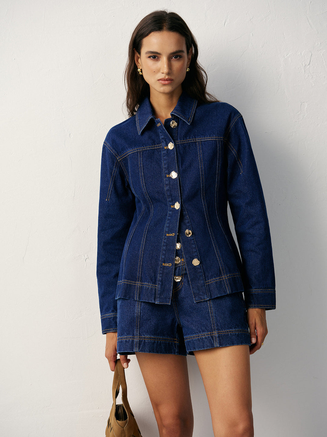 Kemer Detaylı İnce Denim Ceket – Koyu Mavi