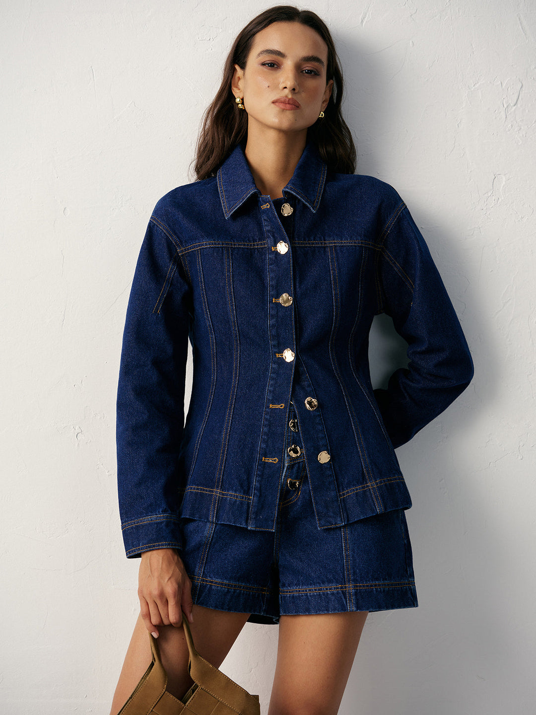 Kemer Detaylı İnce Denim Ceket – Koyu Mavi
