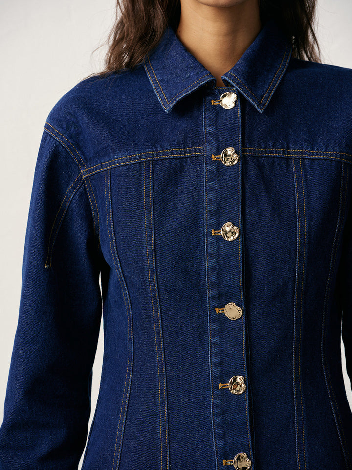 Kemer Detaylı İnce Denim Ceket – Koyu Mavi