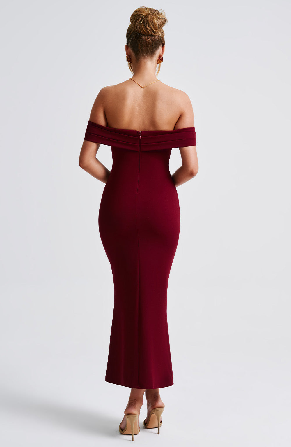 Kayık Yaka Fitilli Uzun Abiye Elbise – Bordo
