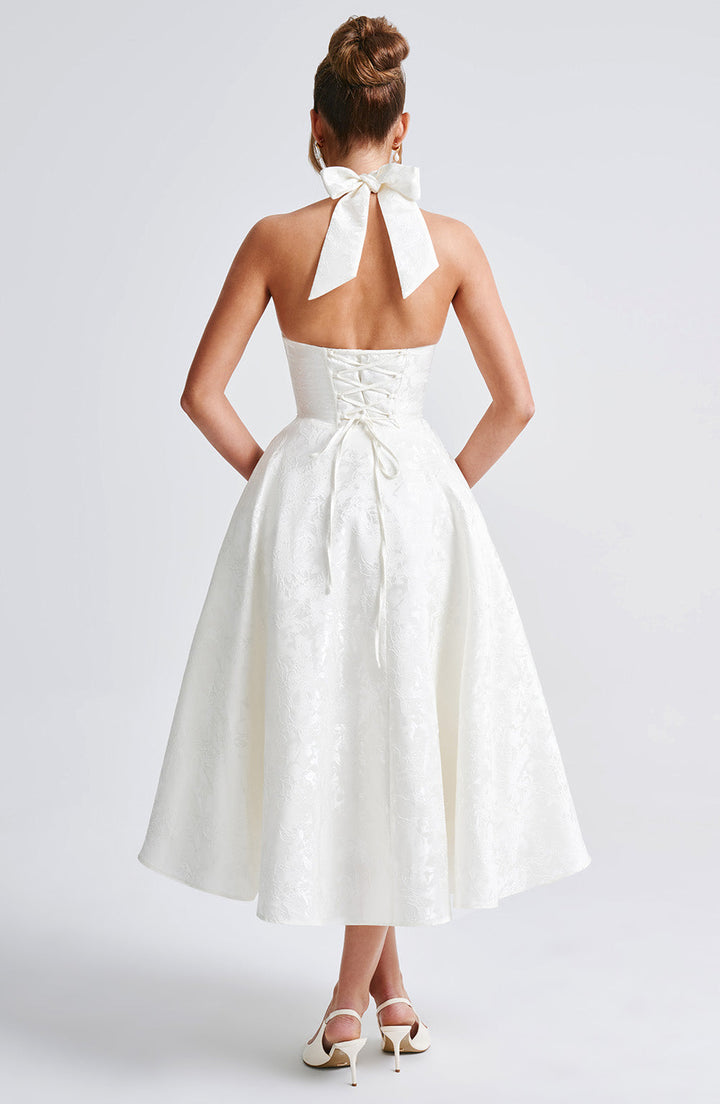 Halter Yaka A Kesim Brokar Elbise – Ekru
